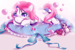 Size: 1095x730 | Tagged: safe, artist:rubypm, oc, oc only, oc:bubblegum pop, pony, unicorn, heart, heart eyes, pillow, solo, wingding eyes