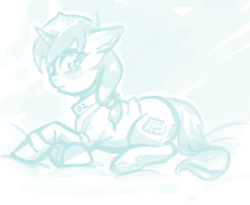 Size: 955x783 | Tagged: safe, artist:bellacielo, oc, oc only, oc:littlepip, pony, unicorn, fallout equestria, blushing, clothes, cutie mark, fanfic, fanfic art, female, floppy ears, hooves, horn, lying down, mare, monochrome, pipbuck, prone, solo, vault suit