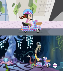 Size: 1280x1440 | Tagged: safe, derpibooru import, screencap, discord, twilight's kingdom, blythe baxter, comparison, hub logo, littlest pet shop, moped, reference, scooter, sidecar, zoe trent