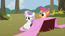 Size: 1366x768 | Tagged: safe, screencap, scootaloo, sweetie belle, the show stoppers, dumb fabric, fabric, pencil, piano