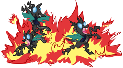 Size: 1467x808 | Tagged: safe, artist:dawnallies, derpibooru import, changeling, drone, fangs, fire, horn, wings