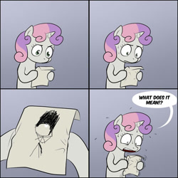 Size: 1024x1024 | Tagged: safe, derpibooru import, sweetie belle, oc, pony, unicorn, bipedal, comic, dialogue, exploitable meme, female, filly, gradient background, hoof hold, horn, letter, meme, paper, solo, speech bubble, stylistic suck, sweetie's note meme, two toned hair, two toned mane, white coat