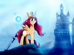 Size: 2627x1974 | Tagged: safe, artist:yula568, derpibooru import, aurora (child of light), castle, child of light, crown, igniculus, ponified, solo, sword