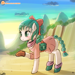 Size: 750x750 | Tagged: safe, artist:lumineko, scare master, 30 minute art challenge, braid, braided tail, bulma, clothes, dragon ball, patreon, patreon logo, ponified, raised hoof, smiling, solo