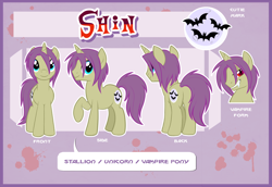 Size: 2692x1857 | Tagged: safe, artist:centchi, derpibooru import, oc, oc only, oc:shin, pony, unicorn, vampony, reference sheet, solo