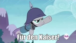 Size: 1090x613 | Tagged: safe, edit, edited screencap, screencap, maud pie, maud pie (episode), caption, german, hub logo, pickelhaube, solo