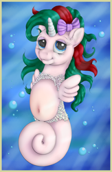 Size: 2400x3675 | Tagged: safe, artist:ratwhiskers, derpibooru import, gusty, sea pony, g1, belly button, bow, race swap, solo, underwater