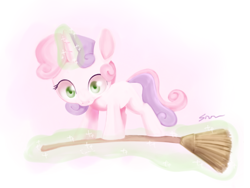 Size: 2000x1500 | Tagged: safe, artist:sion, derpibooru import, sweetie belle, balancing, broom, flying, flying broomstick, levitation, looking at you, magic, riding, solo, sweetie belle's magic brings a great big smile, telekinesis