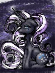 Size: 768x1024 | Tagged: safe, artist:caresse-par-la-lumie, derpibooru import, nightmare rarity, pony, alone, bittersweet, crying, hollow victory, pyrrhic victory, regret, sad, solo