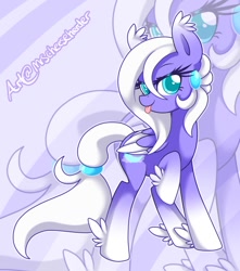 Size: 840x951 | Tagged: safe, artist:mrscheeseherder, derpibooru import, oc, oc only, oc:mystic moon, pegasus, pony, colored pupils, colored wings, colored wingtips, ear fluff, feathered fetlocks, female, gradient ears, gradient hooves, looking at you, mare, raised hoof, solo, tail band, tongue out, two toned wings, zoom layer