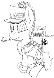 Size: 655x943 | Tagged: safe, artist:magical disaster, derpibooru import, 30 minute art challenge, badass, chains, crossover, hat, jojo's bizarre adventure, jotaro kujo, looking at you, military uniform, monochrome, pinpoint eyes, ponified, solo
