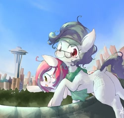 Size: 1280x1219 | Tagged: safe, artist:toki, derpibooru import, oc, oc only, oc:front page, oc:poniko, dock, duo, everfree northwest, female, filly, mare, pixiv, plot, ponysona, seattle, space needle