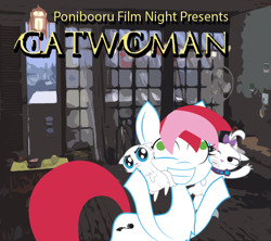 Size: 900x800 | Tagged: safe, artist:daisyhead, derpibooru import, opalescence, oc, oc:flicker, catwoman, mitsy, ponibooru film night