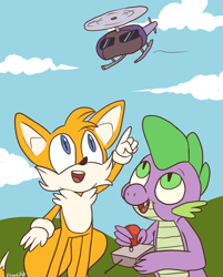 Size: 868x1082 | Tagged: safe, artist:comickit, derpibooru import, spike, dragon, crossover, helicopter, miles "tails" prower, pointing, remote control, sonic the hedgehog (series)