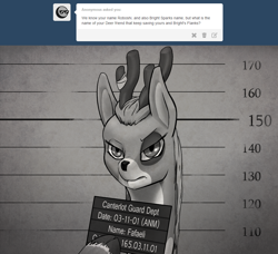 Size: 1024x935 | Tagged: safe, artist:sevireth, oc, oc only, oc:fafaeli, deer, ask, crufavers, jail, mugshot, solo, tumblr