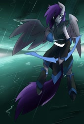 Size: 1280x1877 | Tagged: safe, artist:cymek, derpibooru import, oc, oc only, oc:umbra mist, unguligrade anthro, action pose, armor, bow (weapon), eyeshadow, rain, solo