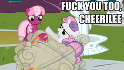 Size: 1280x720 | Tagged: safe, edit, screencap, cheerilee, scootaloo, sweetie belle, earth pony, pegasus, pony, unicorn, ball of violence, caption, female, filly, image macro, mare, text, vulgar