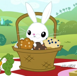 Size: 800x790 | Tagged: safe, screencap, angel bunny, maud pie (episode), apple spice muffins, aweeg*, basket, eating, muffin, puffy cheeks, solo