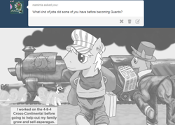 Size: 2450x1750 | Tagged: safe, derpibooru import, all aboard, caboose, background pony, locomotive, monochrome, newspaper, steam locomotive