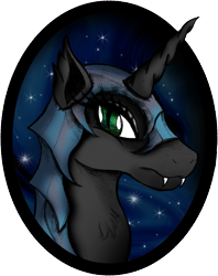 Size: 885x1119 | Tagged: safe, artist:ancientowl, derpibooru import, nightmare moon, alicorn, pony, black coat, bust, chest fluff, ear fluff, ears, fangs, female, green eyes, horn, mare, simple background, solo, transparent background