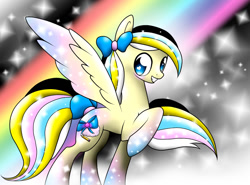 Size: 800x593 | Tagged: safe, artist:naught important, derpibooru import, oc, oc only, oc:sacred dreams, pegasus, pony, twilight's kingdom, bow, grin, heart, heart eyes, looking at you, rainbow power, rainbow power-ified, raised hoof, smiling, solo, sparkles, spread wings