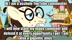 Size: 1152x640 | Tagged: safe, derpibooru import, edit, edited screencap, screencap, gizmo, acne, caption, glasses, honesty, image macro, meme, obligatory pony, solo, truth, vulgar, youtube