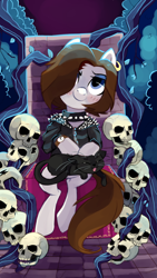 Size: 540x960 | Tagged: safe, artist:pepooni, derpibooru import, oc, oc only, oc:bee chalke, cat, pony, blushing, choker, ear piercing, earring, female, lidded eyes, looking at you, mare, petting, piercing, sitting, skull, smiling, solo, spiked choker, throne, watch