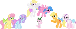 Size: 4227x1660 | Tagged: safe, artist:itoruna-the-platypus, derpibooru import, applejack (g1), firefly, posey, sparkler (g1), spike, surprise, twilight, dragon, g1, g1 six, g1 to g4, generation leap, simple background, tail bow, transparent background, vector