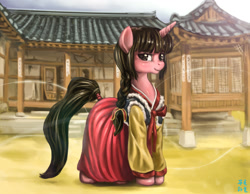 Size: 2004x1552 | Tagged: safe, artist:mrs1989, derpibooru import, oc, oc only, oc:nuna cherishlove, pony, unicorn, braid, building, clothes, dress, hanbok, korean, looking at you, smiling, solo, tail wrap, wind