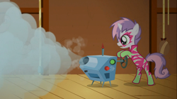 Size: 1366x768 | Tagged: safe, screencap, sweetie belle, the show stoppers, bipedal, bipedal leaning, clothes, face paint, leaning, show stopper outfits, smoke machine, solo