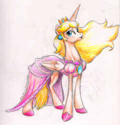 Size: 875x913 | Tagged: safe, artist:benrusk, derpibooru import, alicorn, pony, clothes, dress, nintendo, ponified, princess peach, solo, super mario bros., traditional art