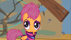 Size: 1366x768 | Tagged: safe, screencap, scootaloo, the show stoppers, clothes, face paint, show stopper outfits, solo