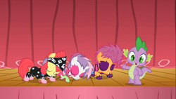 Size: 1366x768 | Tagged: safe, screencap, apple bloom, scootaloo, spike, sweetie belle, dragon, the show stoppers, bandana, bowing, clothes, cutie mark crusaders, face paint, show stopper outfits