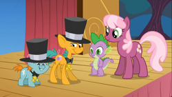 Size: 1366x768 | Tagged: safe, screencap, cheerilee, snails, snips, spike, dragon, the show stoppers, bowtie, hat, top hat