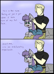 Size: 950x1300 | Tagged: safe, artist:ichibangravity, maud pie, oc, oc:anon, earth pony, human, pony, maud pie (episode), clothes, comic, cute, dialogue, ear scratch, female, human male, male, mare, open mouth