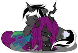 Size: 2350x1600 | Tagged: safe, artist:junkiesnewb, derpibooru import, oc, oc only, oc:nox arcana, oc:poison, changeling, changeling queen, pony, unicorn, changeling oc, changeling queen oc, cuddling, eyes closed, female, floppy ears, grin, hug, male, prone, shipping, smiling, snuggling, stallion