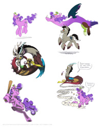 Size: 792x996 | Tagged: safe, artist:melissathehedgehog, derpibooru import, discord, screwball, draconequus, baseball bat, braid, hat, ponified, pony discord, propeller hat, species swap, swirly eyes