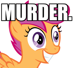 Size: 900x839 | Tagged: safe, artist:erginho, derpibooru import, scootaloo, grin, image macro, meme, murder, one word, simple background, smiling, solo, squee, transparent background, wide eyes