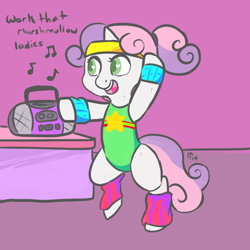 Size: 800x800 | Tagged: safe, artist:mt, derpibooru import, sweetie belle, pony, bipedal, headband, leg warmers, leotard, solo, workout, workout outfit, wristband