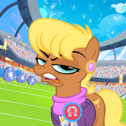 Size: 800x800 | Tagged: safe, artist:pixelkitties, derpibooru import, ms. harshwhinny, equestria games (episode), archery, equestria games, faic, ice arrows, looking at you, open mouth, ribbon, solo, stadium