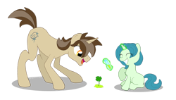 Size: 1024x582 | Tagged: safe, artist:hendocrinogeno, derpibooru import, clover the clever, star swirl the bearded, pony, unicorn, clover, duo, female, filly, foal, four leaf clover, magic, magic aura, male, plant, simple background, smiling, stallion, telekinesis, test tube, transparent background, younger