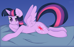 Size: 1200x765 | Tagged: safe, artist:leslers, twilight sparkle, twilight sparkle (alicorn), alicorn, pony, bed, female, lying down, mare, prone, solo, spread wings