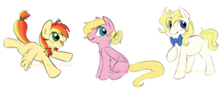 Size: 1200x500 | Tagged: safe, artist:the-chibster, derpibooru import, oc, oc only, pegasus, pony, unicorn, bow, colt, filly, fluffy, flying, freckles, hubbyjack, magical lesbian spawn, male, offspring, open mouth, parent:applejack, parent:fluttershy, parent:rainbow dash, parent:rarity, parents:appledash, parents:appleshy, parents:rarijack, sitting, smiling