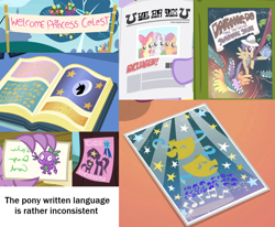 Size: 1106x910 | Tagged: safe, apple bloom, daring do, scootaloo, spike, sweetie belle, dragon, banner, book, comedy and tragedy, cutie mark crusaders, foal free press, observation, sihovi, we couldn't fit it all in, welcome princess celest, written equestrian