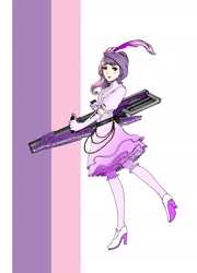 Size: 1691x2353 | Tagged: safe, artist:danecelestia, derpibooru import, sweetie belle, human, clothes, crossover, dress, feather, frilly dress, high heels, humanized, looking at you, rocket launcher, rwby, solo, weapon