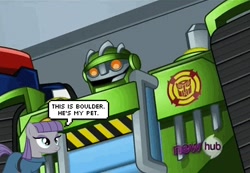 Size: 600x416 | Tagged: safe, boulder (pet), maud pie, maud pie (episode), boulder, hub logo, meme, pun, the hub, transformers, transformers rescue bots