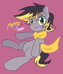 Size: 1095x1293 | Tagged: safe, artist:wishdream, derpibooru import, oc, oc only, oc:aero, pegasus, pony, blank flank, blushing, clothes, colt, cute, heart, looking at you, male, offspring, parent:derpy hooves, parent:oc:warden, parents:canon x oc, parents:warderp, red background, scarf, simple background, smiling, solo, sweatdrop