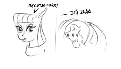 Size: 1056x600 | Tagged: safe, artist:archonix, maud pie, maud pie (episode), bad pun, cutie mark, iraq, monochrome, sketch