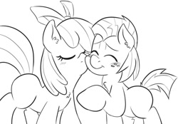 Size: 960x669 | Tagged: artist needed, source needed, safe, derpibooru import, apple bloom, babs seed, appleseed, female, incest, kissing, lesbian, monochrome, shipping