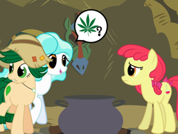 Size: 1280x960 | Tagged: safe, artist:violetclm, apple bloom, paisley, sweet leaf, bloom and gloom, equestria girls, 420, background human, cauldron, equestria girls ponified, marijuana, older, ponified, speech bubble